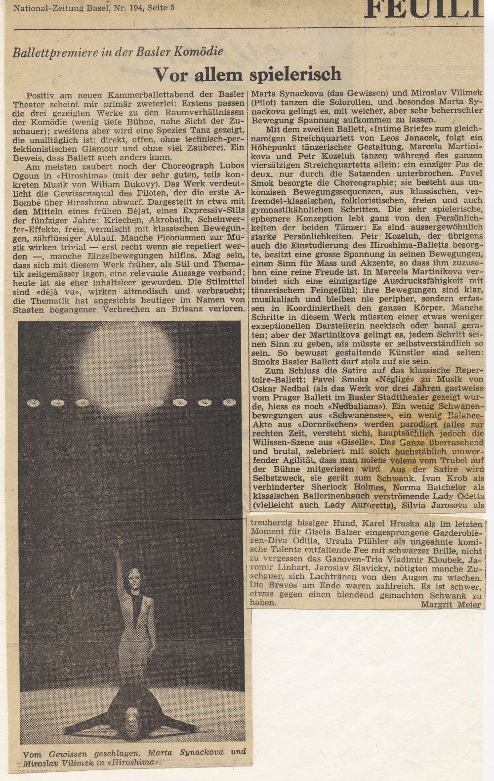 Z recenzí na premiéru trojdílného večera Hiroshima/Intime Briefe/Negligé (archiv IPŠ)
