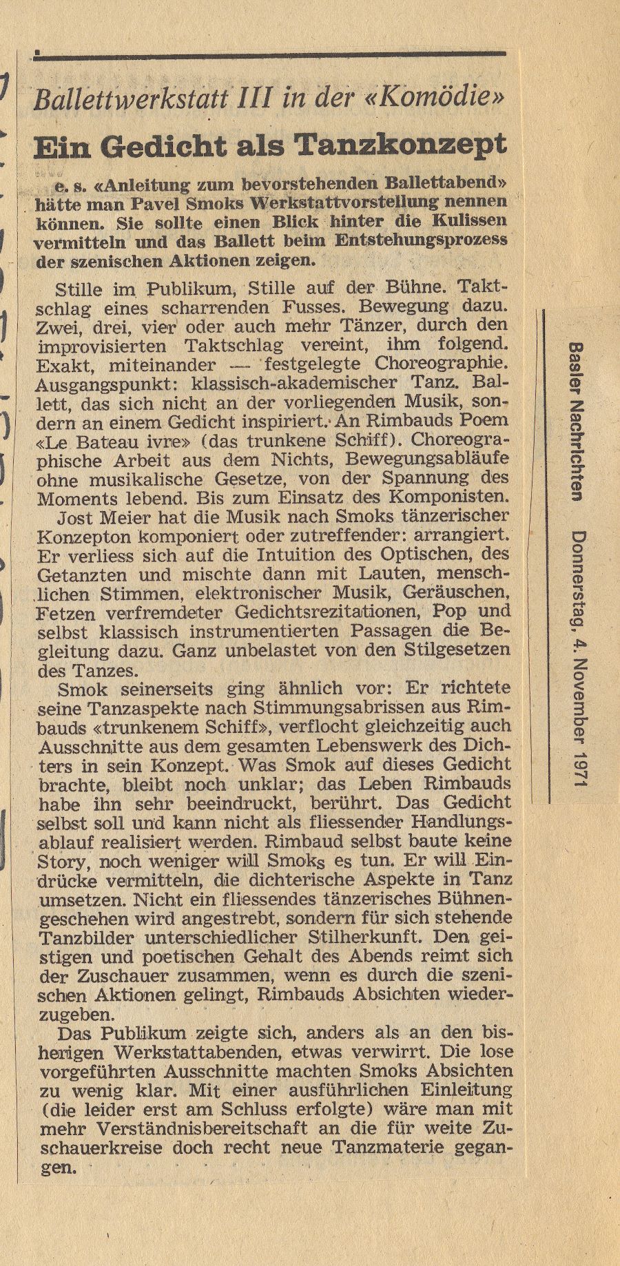 recenze na premiéru projektu Ballettwerkstatt III, Basilej 1971 (archiv IPŠ)