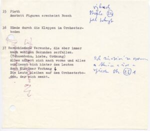 Scénosled inscenace Opilý koráb s poznámkami ke scénografii, poznámky Pavla Šmoka (archiv IPŠ)